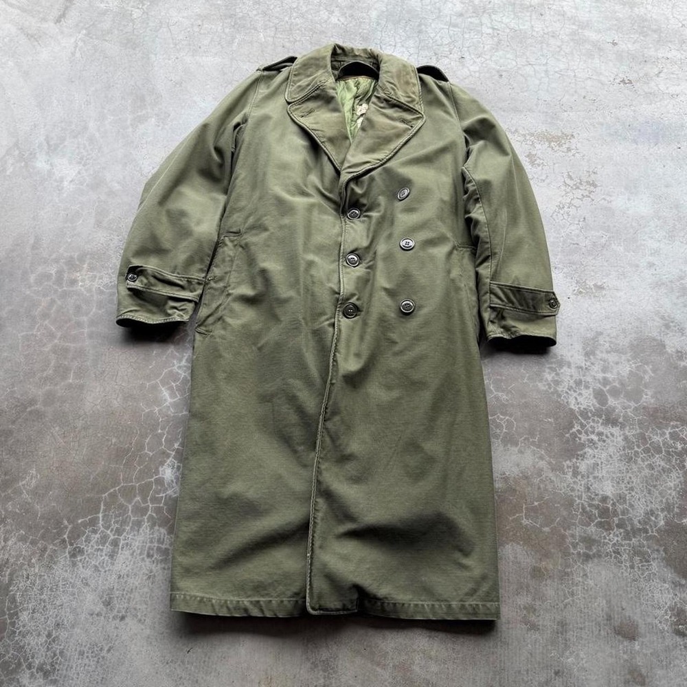 True vintage 1960's Sateen OG 107 long full length olive green trench coat small